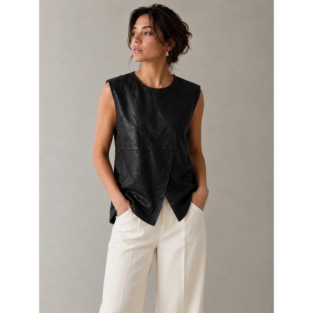 OAK Womens Black 100% Leather Split Front Sleeveless Top Shell Back Zip Size M